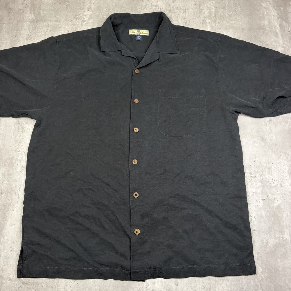 Tommy Bahama Mens M Pure Silk Short Sleeve Black Hawaiian Camp Beach Shirt